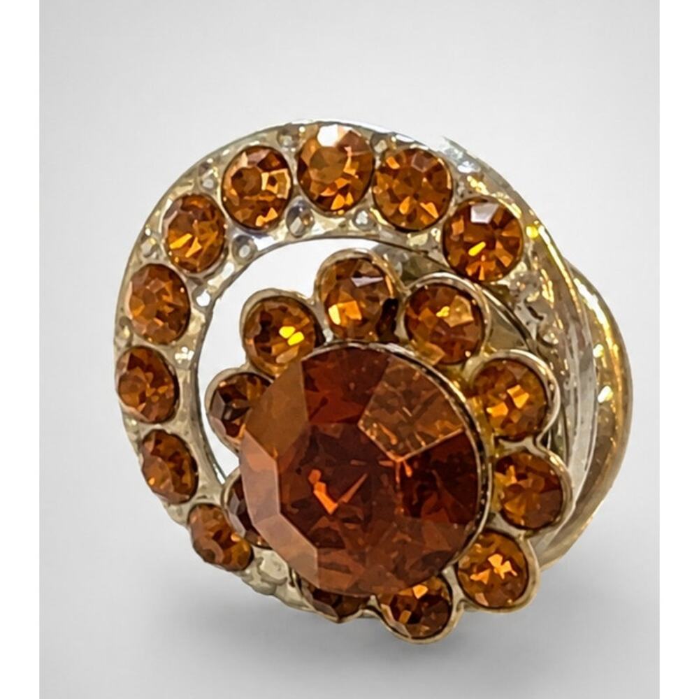Vintage Orange Rhinestone Lapel Pin Back .75" Glass Flower Unisex Small so-38 - Picture 6 of 6